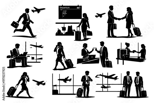 Business travel silhouettes at airport with planes and travelers.