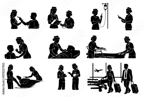 Silhouette illustrations of healthcare professionals conducting various medical tasks.