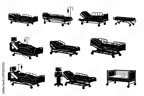 Variety of hospital beds and medical equipment silhouettes.