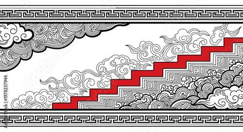 Traditional Chinese Staircase with Red Steps.