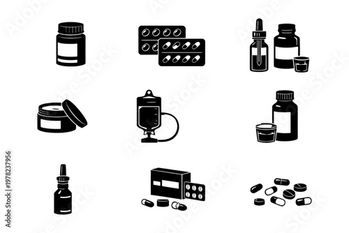 Collection of various medical bottles and pill containers in black and white icons.