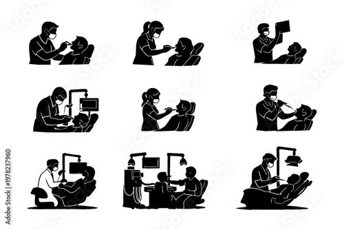 Silhouettes of dentists and patients during dental exams and treatments.