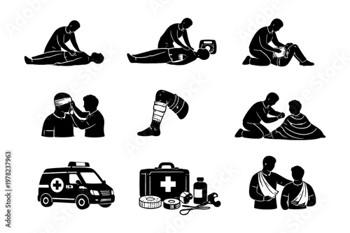 First aid techniques: cpr, bandaging, splinting, rescue procedures, emergency kits.