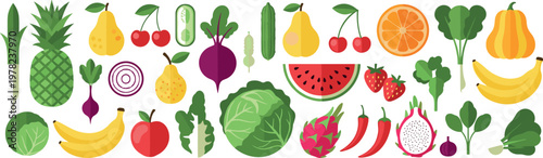 Colorful fruit and vegetable vector illustration set featuring healthy organic produce icons including pineapple banana cabbage chili and citrus isolated