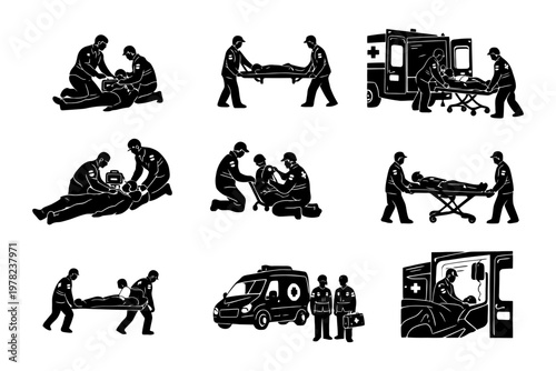 Emergency medical response illustration with paramedics and ambulance scenes.