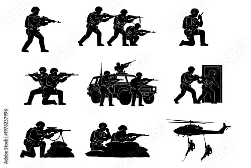 Silhouettes of soldiers in various tactical poses and actions.