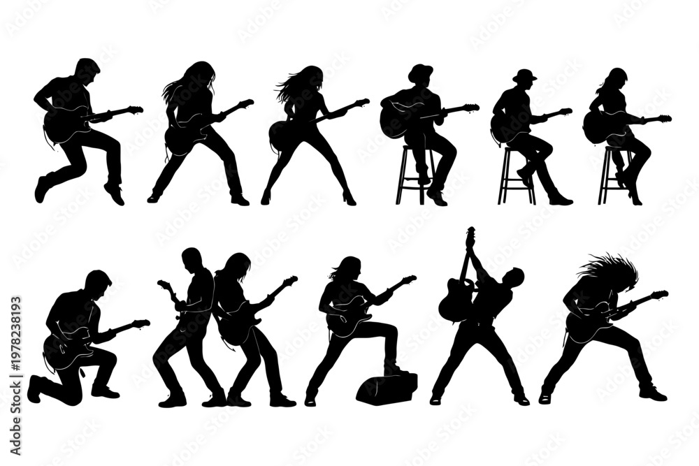 Fototapeta premium Silhouetted musicians playing electric guitar in dynamic poses.