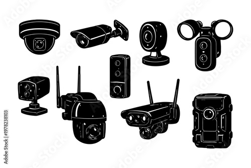 Various security cameras: surveillance technology in different designs.