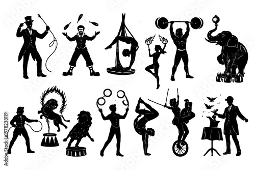 Circus performers and animals in elegant silhouettes.
