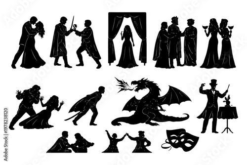Silhouette theater scenes: drama, romance, magic, and fantasy.