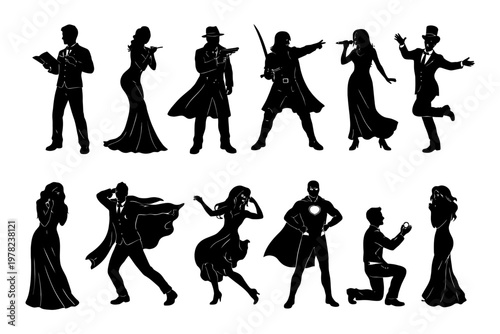 Diverse silhouette set of costumed male and female characters in various poses.