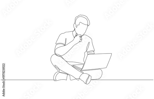 Continuous one line of man touching chin thoughtfully while looking at laptop, remote work focus in cozy workspace concept, single line art