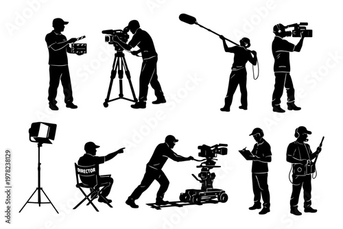 Film crew silhouettes of cameramen and sound technicians in action.