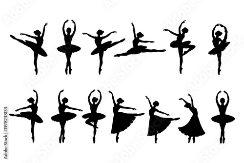 Silhouettes of female ballet dancers in various graceful poses.