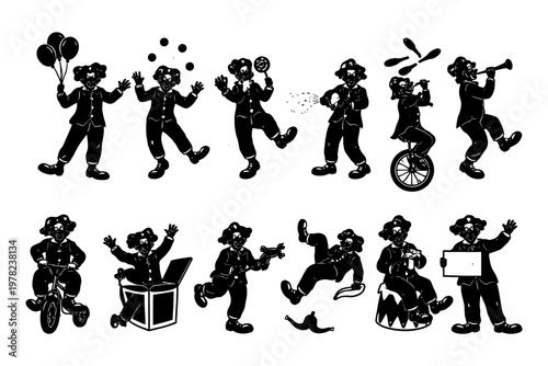 Playful clowns performing various circus acts in black and white illustration.