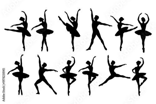 Silhouettes of ballet dancers striking elegant poses in motion.