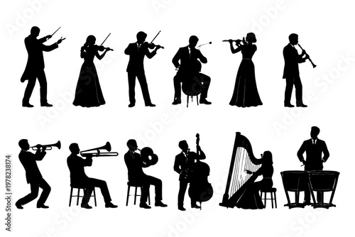 Silhouettes of musicians playing various instruments in orchestra setting.