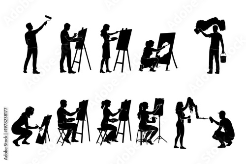 Silhouettes of artists painting and creating art on easels.