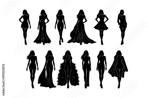 Silhouette fashion parade: female models in stylish outfits.