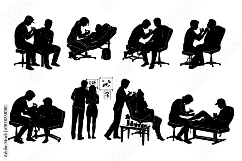 Silhouette tattoo artists and clients engaged in various tattooing scenarios.