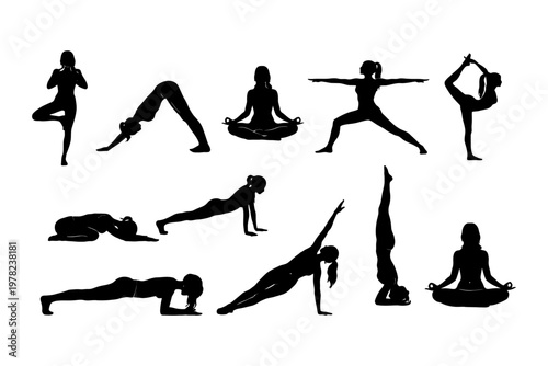 Silhouettes of female yoga poses in various positions.