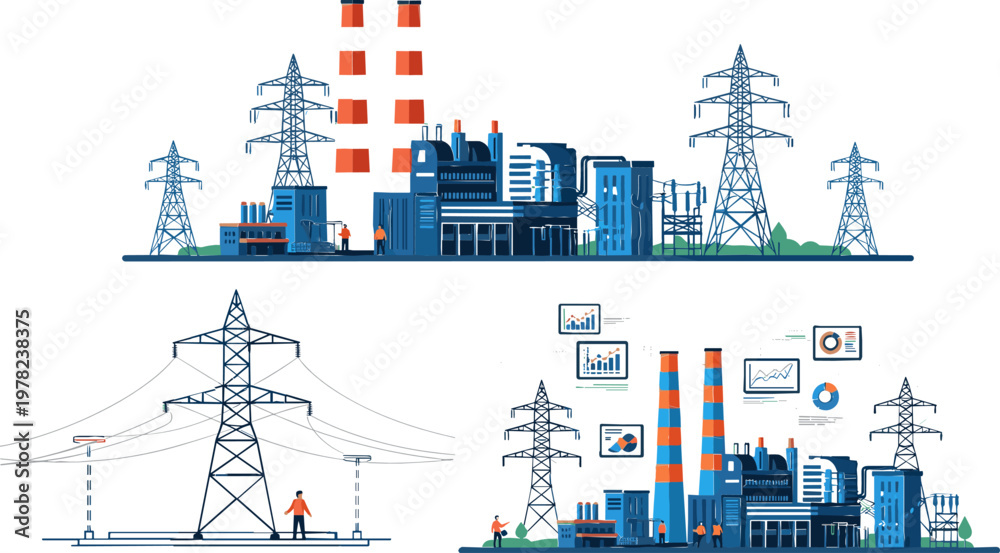 Obraz premium Power Plant and Electricity Transmission Icon Set with Factory, Towers, and Energy Infrastructure for Industrial and Utility Illustrations
