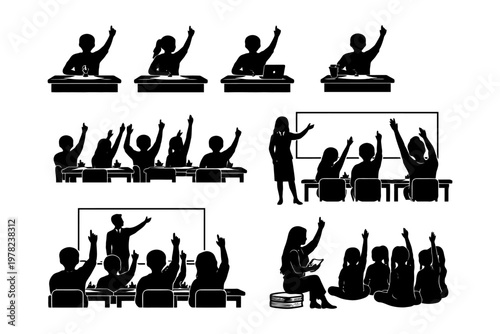 Silhouettes of classroom scenes with students and teachers engaged in learning activities.