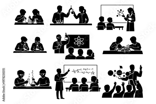 Science education in classroom: teachers and students engaged in experiments and learning.