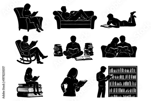 Silhouettes of people reading in various poses and settings.