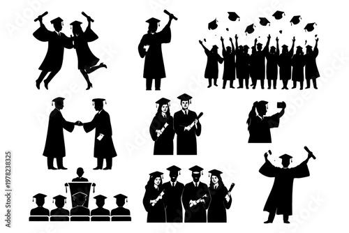 Silhouette graduation celebrations: diverse graduates in caps and gowns.