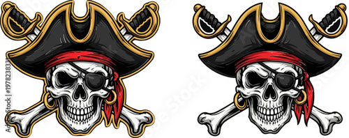 Pirate Skull and Crossbones Vector Set with Pirate Hat, Swords, and Red Bandana for Digital Media and Design