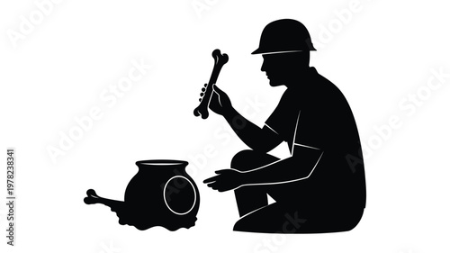 Archaeologist examining ancient artifacts in a striking black silhouette