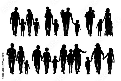 Silhouette of diverse families walking together with children and stroller.