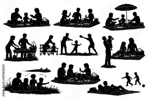 Silhouette of families having picnics and outdoor activities.