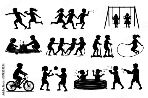 Silhouettes of children playing: joyful outdoor activities in black and white.