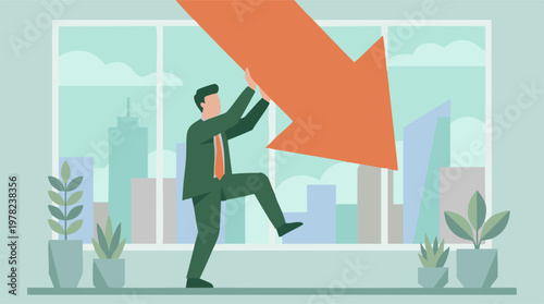 Businessman resisting a large downward arrow, symbolizing market decline or struggle