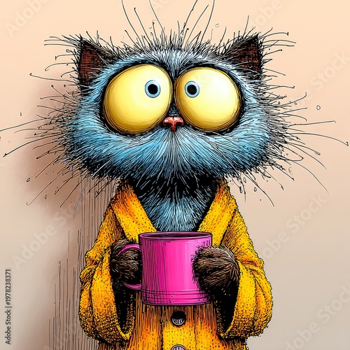 Funny Cat Holding Coffee Mug on Neutral Background for Morning Routine Concept