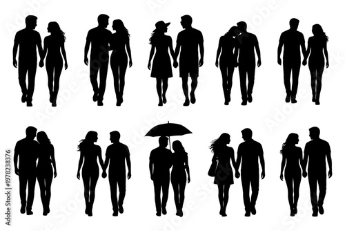Silhouettes of diverse couples walking and holding hands in various poses.