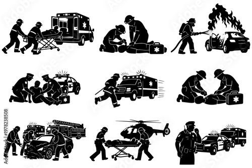 Emergency service icons depicting rescue and first aid scenes.