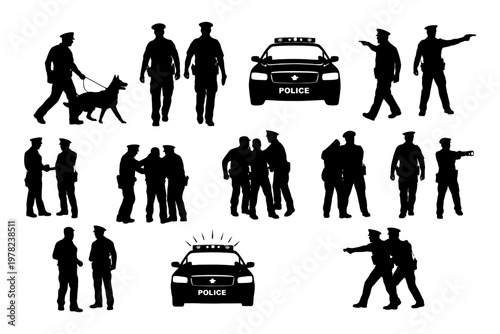 Silhouettes of police officers with patrol dog and vehicles.