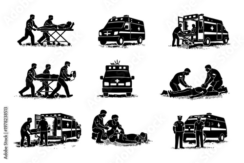 Emergency response scenes: ambulance and paramedics assisting patients.