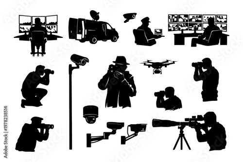 Silhouettes of surveillance: cameras, monitors, technicians, and drones in black and white.