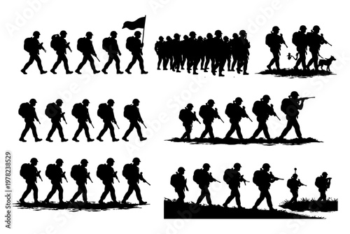 Silhouette of soldiers marching and standing with flag and dog.