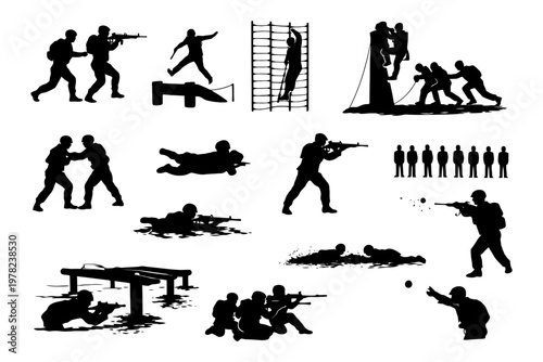 Silhouettes of soldiers in training exercises with weapons and obstacles.