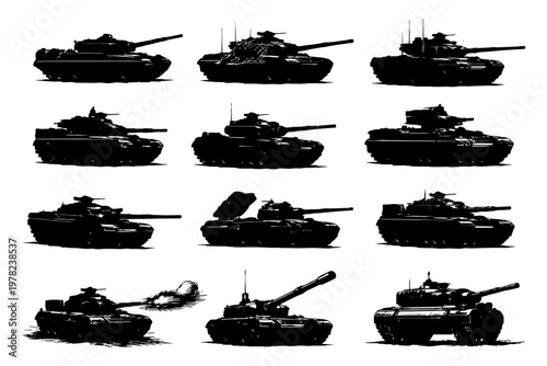 Silhouettes of tanks in various positions and angles.