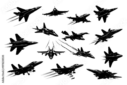 Silhouette collection of modern fighter jets in dynamic flight poses.