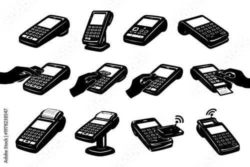 Various payment terminals and card readers in black and white illustrations.