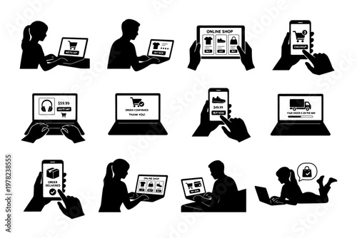 E-commerce icons featuring online shopping and digital transactions.