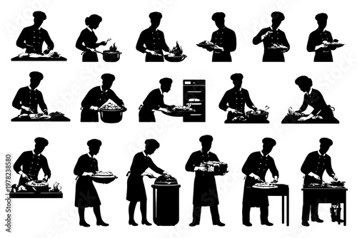 Silhouette of chefs cooking and preparing food in various kitchen scenarios.