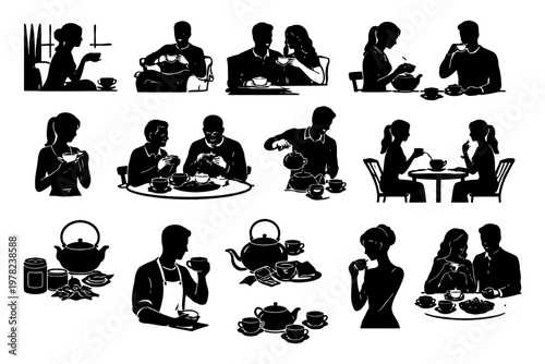 Silhouettes of people enjoying tea and coffee in social and solitary settings.